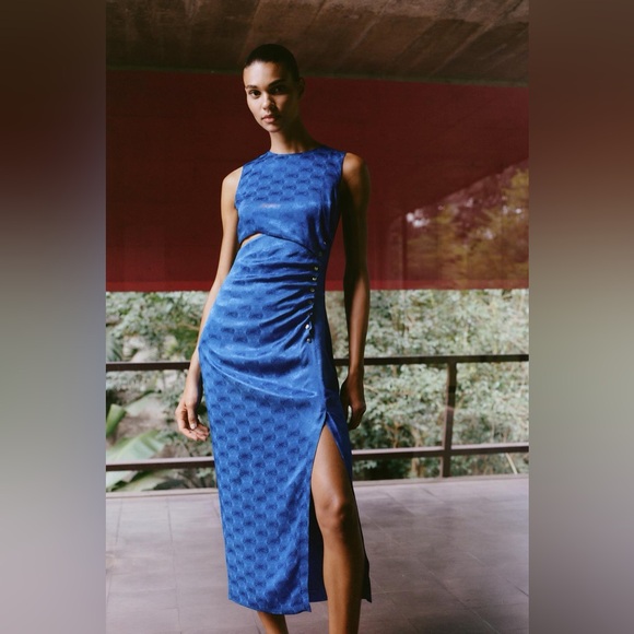 NWT Zara Woman Jacquard Blue Midi Dress with Button Accents Size M Medium - Picture 1 of 9